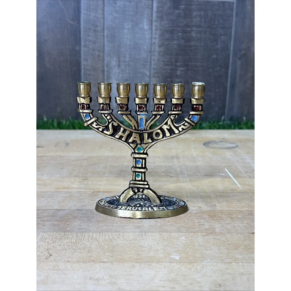 Vintage Brass Shalom Jerusalem 7 Branch Menorah Judaica Candle Holder Enamel